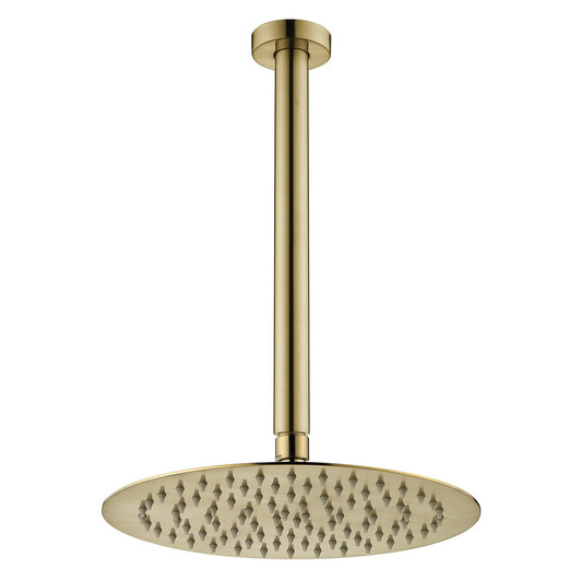 Kaya ceiling dropper shower set with a flat round shower head in urban brass.