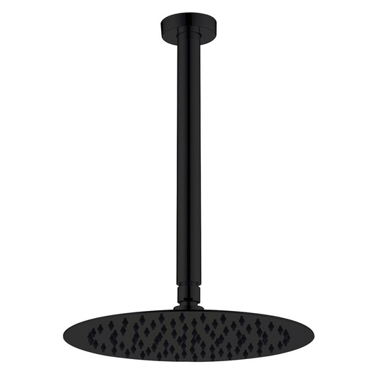 Kaya ceiling dropper shower set with a flat round shower head in matte black.