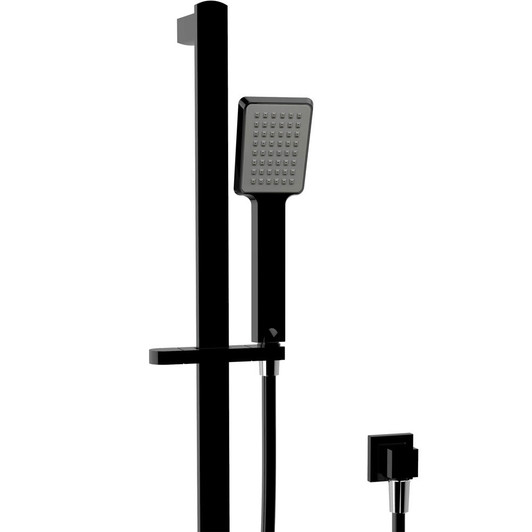 Matte black shower rail with square hand held shower head on hose