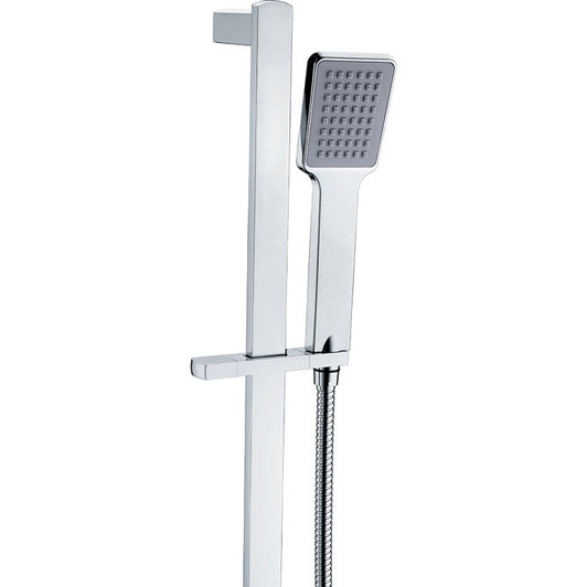 Chrome shower rail with square hand held shower head on hose