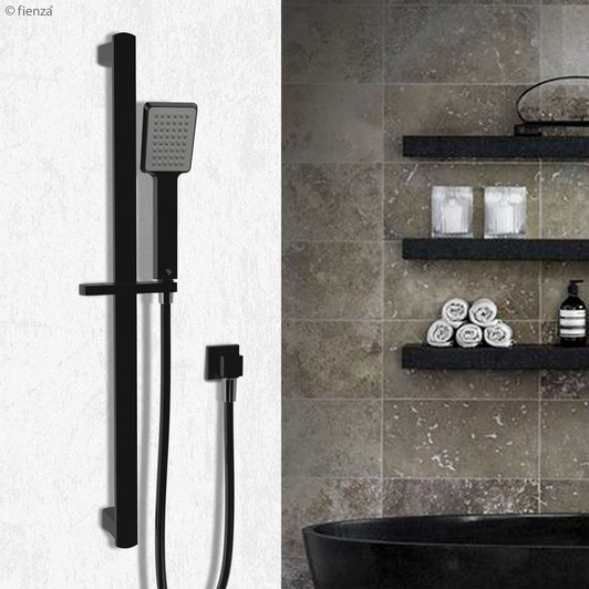Matte black shower rail with square hand held shower head on hose
