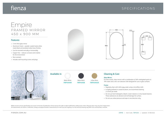 Specification sheet for 450x900 mirror.