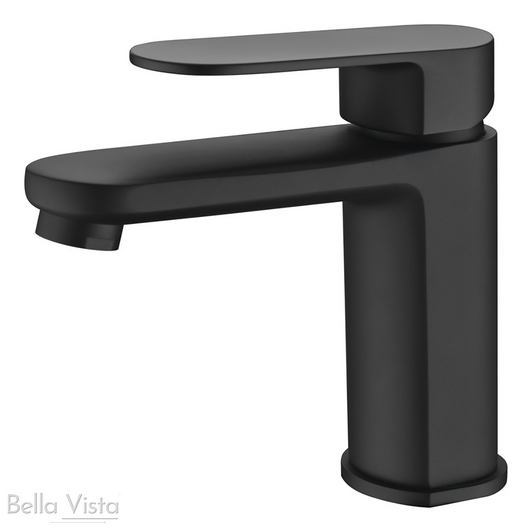 Product image of the Supra basin mixer in matte black. Flat oblong handle and spout with a round body.