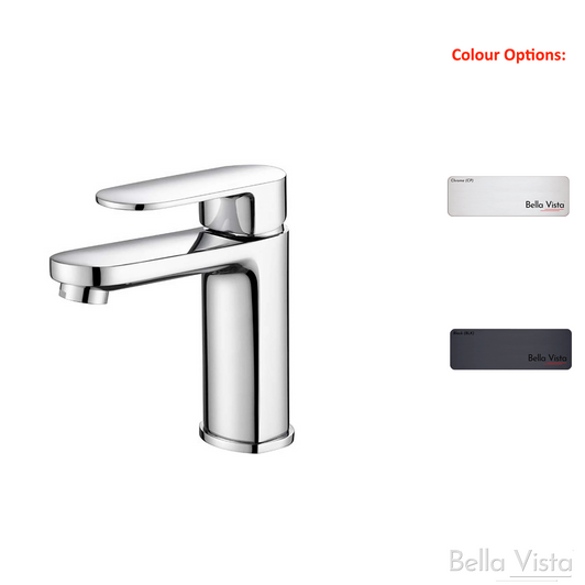 Product image of the Supra basin mixer. Available in chrome and matte black. By Bella Vista.