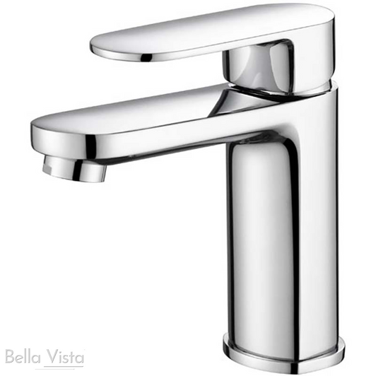Product image of the Supra basin mixer in chrome. Flat oblong handle and spout with a round body.