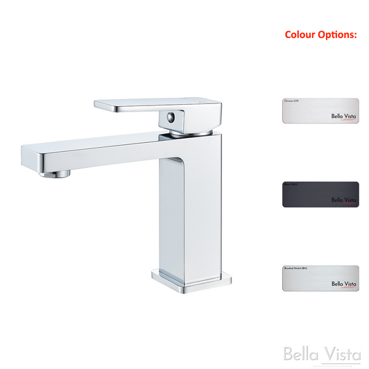 Product image of the Milos basin mixer. Available in chrome plated and black electroplated finish and brushed nickel. By Bella Vista.