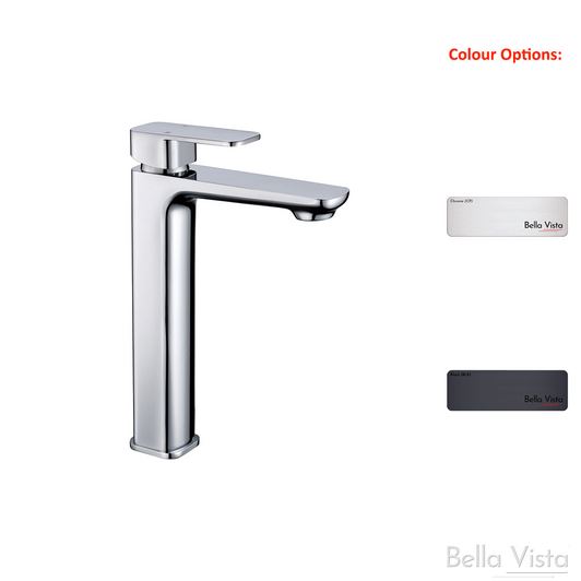 Product image of the Pradus Mia tall basin mixer in matte black. Available in Chrome Plated or Black electroplated finish. By Bella Vista