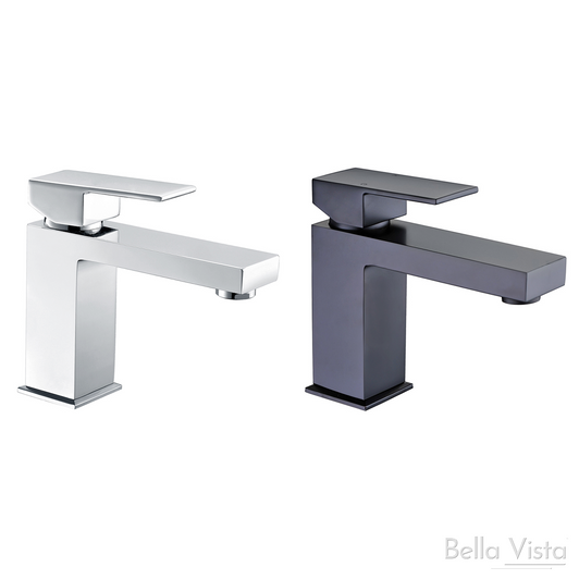 Basin Mixer - 'Deko' Square. Product image of the black and chrome pictured side by side.