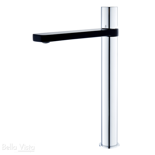 Product image of the Zenon Tall Basin Mixer Chrome plated round body with a  flat rectangle spout in Black electroplated finish (Water Mark Approved)