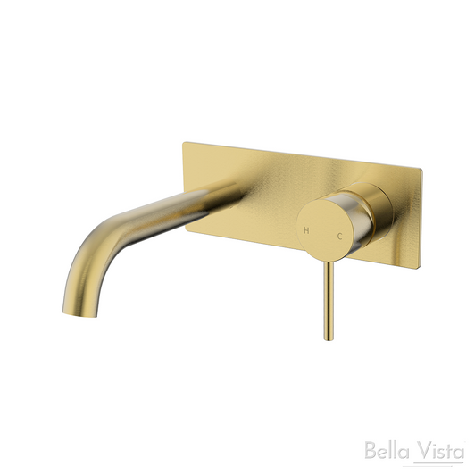 Brushed gold Hali Wall Basin Mixer, pin handle, rectangle backing plate, round spout