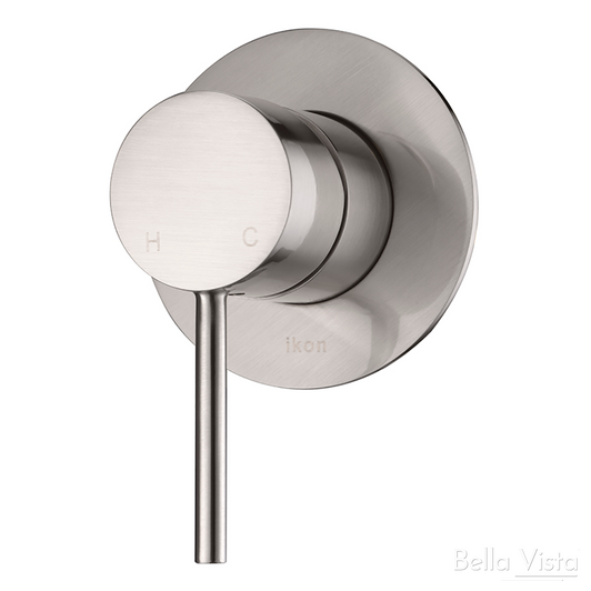 Brushed Nickel Hali Wall Mixer, round backing plate with round pin handle.