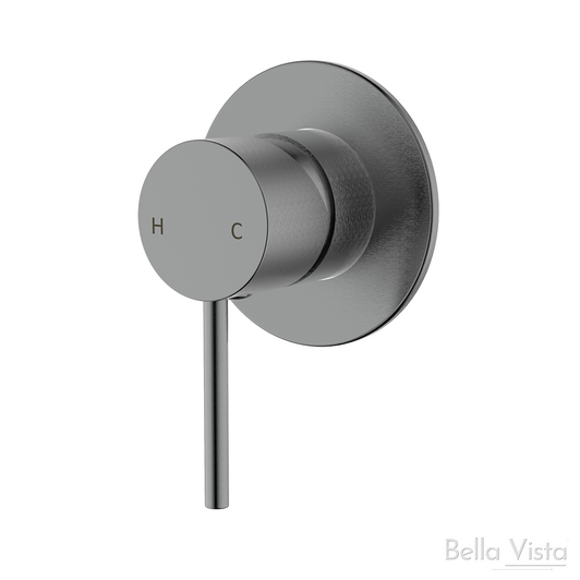 Gun metal Hali Wall Mixer, round backing plate with round pin handle.