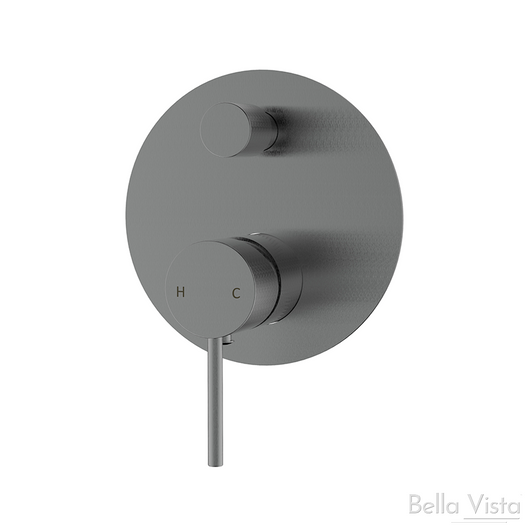 Gun Metal Hali Wall Mixer with Diverter, large round backing plate, thin pin handle.