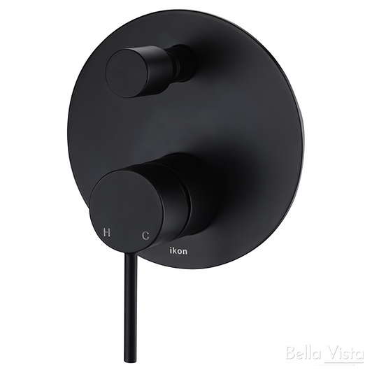 Matte black Hali Wall Mixer with Diverter, large round backing plate, thin pin handle.