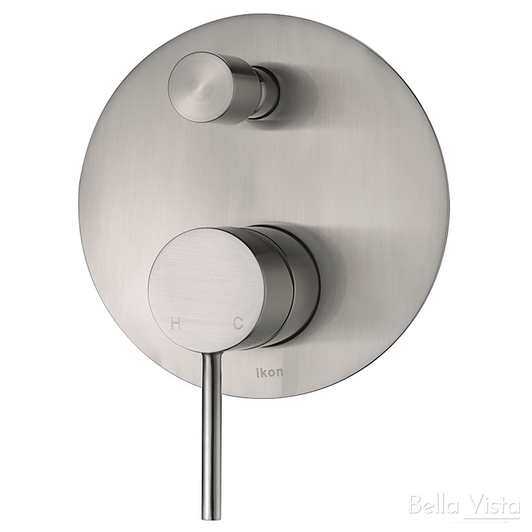 Brushed Nickel Hali Wall Mixer with Diverter, large round backing plate, thin pin handle.
