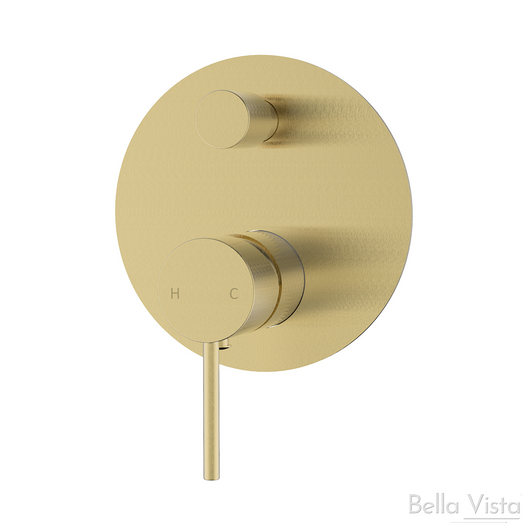 Brushed Gold Hali Wall Mixer with Diverter, large round backing plate, thin pin handle.