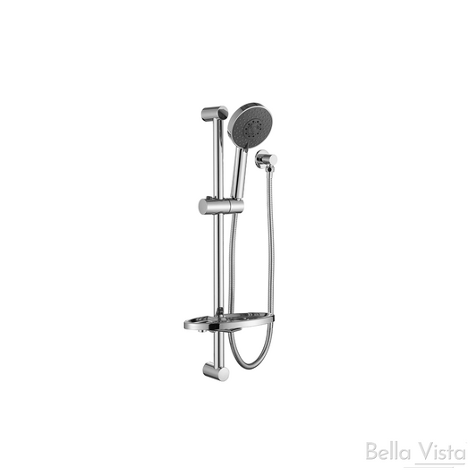 Chrome Round shower handheld head on round rail with attached soap dish