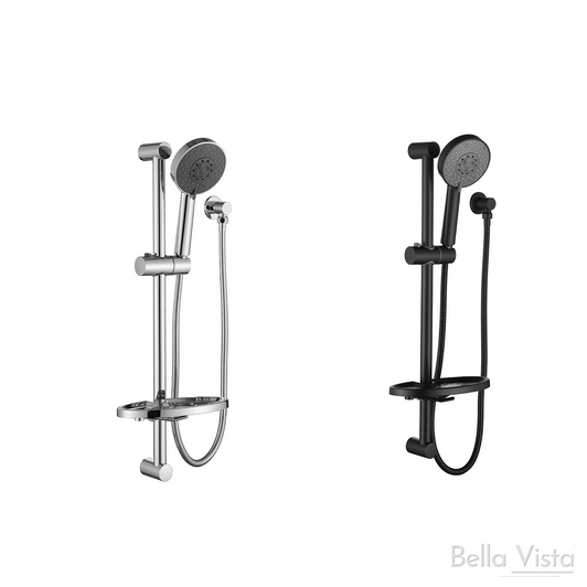 Round shower handheld head on round rail with attached soap dish