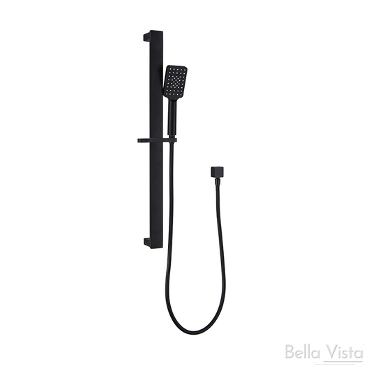 Matte black wide shower rail with square handheld head.