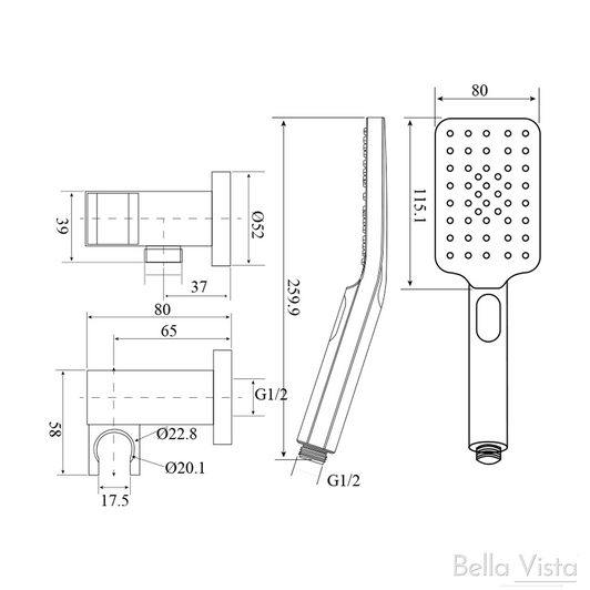 Size: Head Size – L80mm x H260mm
Bracket mounts head 80mm of wall
Hose Length: 1500mm
WELS 4 Star Rating
6.5 Liters per min
Registration Number: S16744
