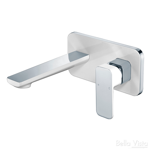 White and Chrome Seto basin or bath Mixer and spout set. Soft edge rectangle backing plate and handle with flat rectangular outlet.