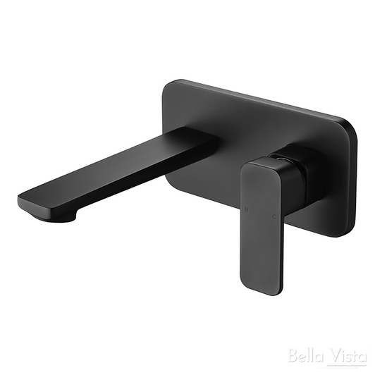 Matte black Seto basin or bath Mixer and spout set. Soft edge rectangle backing plate and handle with flat rectangular outlet.