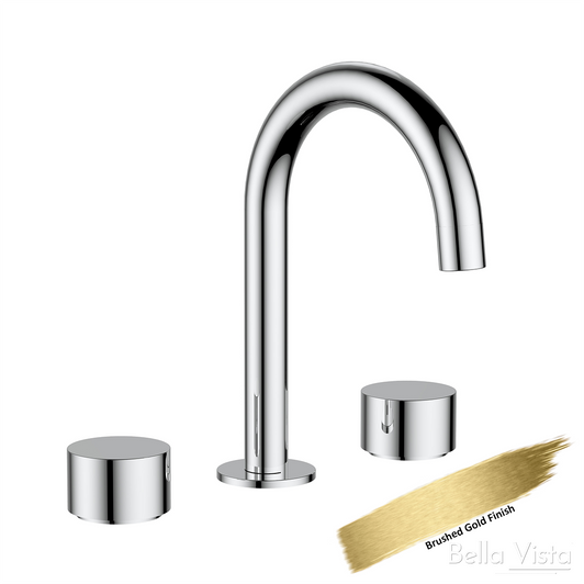 Product image of the Capri Basin/Bath Spout and Round Spindles . A round hook spout basin with quarter turn round spindles.