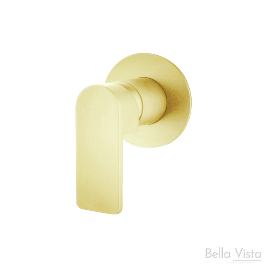 Flores Wall Mixer, brushed gold round backing plate with flat wide lever handle.