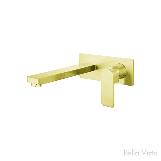 Flores Wall Basin Mixer, rectangle backing plate with flat wide lever and spout in brushed gold.