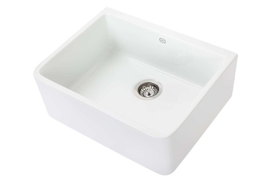 1901 Durable Solid Fireclay white sink with stainless steel basket waste. front of sink with rounded corners