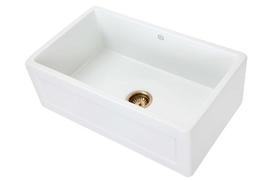 Farmhouse Sink, white gloss sink with paneled front. Brushed gold basket waste.