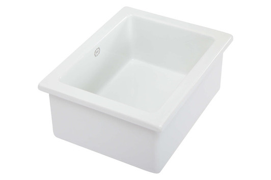 Drop in bowl or undermount, white gloss no tap hole. With stainless plug waste centered on short edge.