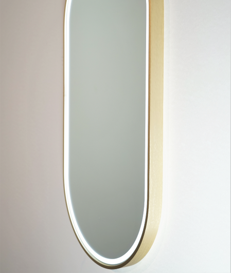 Gatsby Brushed Gold long rectangle mirror with rounded edge.
