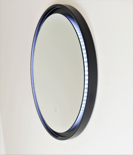 Eclipse Round mirror with black frame and LED light.