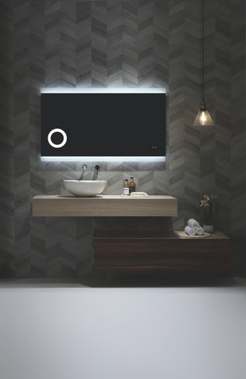 Miro mirror with magnifier section to the far left. Miro on dark tiles with LED back light on.