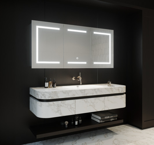 Vera LED 1500 shaving cabinet above a white wall hung vanity Vera LED 1500 shaving cabinet above a white wall hung vanity