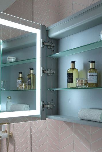 Close up of Vera LED shaving cabinet shelves