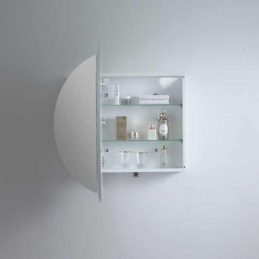 Door open on pearl shaving cabinet, showing 2 adjustable glass shelves. Door open on pearl shaving cabinet, showing 2 adjustable glass shelves.