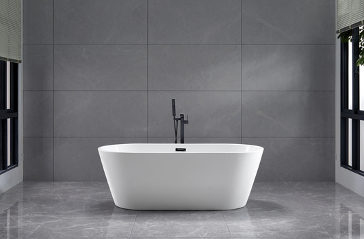 Zara freestanding bath in a dark grey bathroom with a black floor mount tap.