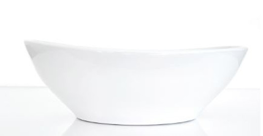 Oval gloss white ceramic basin. Image of side profile, slight dip on the rim at center point.