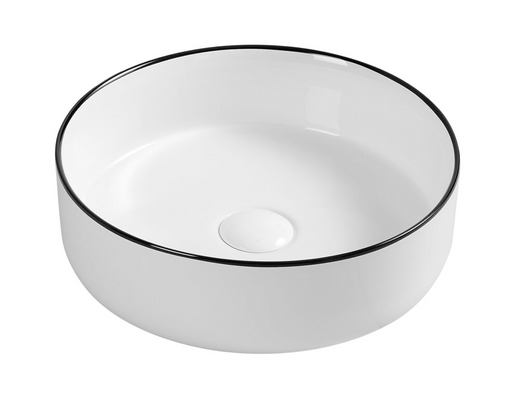Dove white gloss ceramic basin with black top edge. above counter. Product image