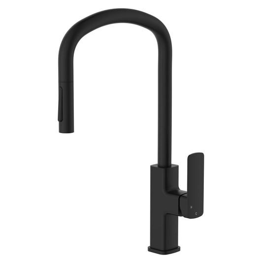 Product image of the matte black Tono kitchen or laundry pull-out sink mixer by Fienza. Product image of the matte black Tono kitchen or laundry pull-out sink mixer by Fienza.