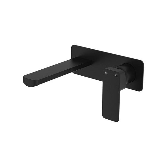 Product image of the Tono Basin/Bath Wall Mixer Set, 160mm in matte black. 2 pieces, mixer and spout, joined together by a rectangle backing plate. Rectangle spout and mixer handle.