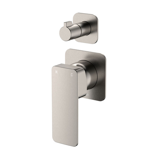 Tono Wall Mixer and Diverter, Square Plate, brushed nickel. Product image, 2 separate square backing plates with rectangle mixer. Diverter know is round.