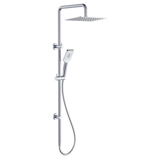 Product image of the Tono Twin Shower in chrome. Round rail  with a rectangle overhead shower and a square handheld shower head.