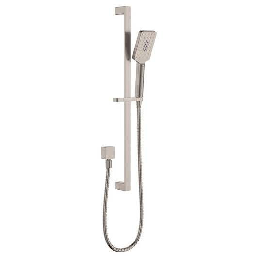 Product image of the Tono Rail Shower in brushed nickel. Square wall mounts attached to a rectangular rail.