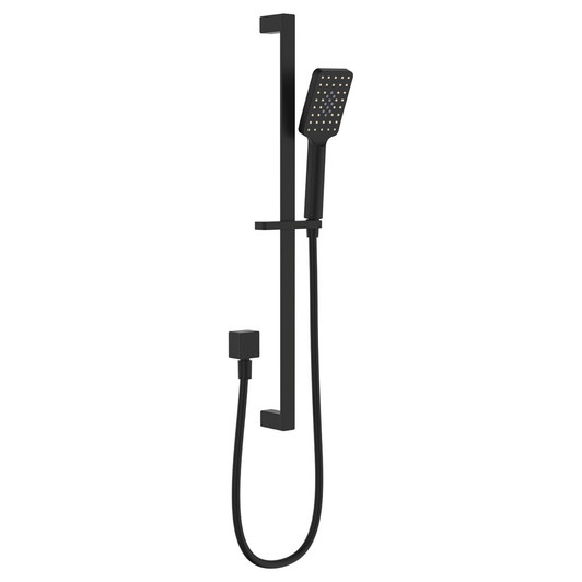 Product image of the Tono Rail Shower in matte black. Square wall mounts attached to a rectangular rail.