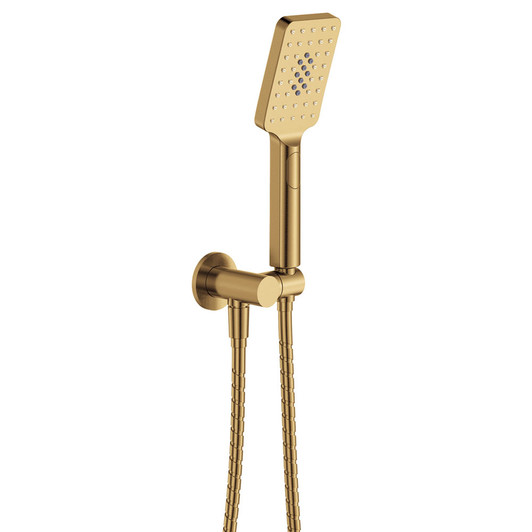 Product image of the Tono Hand Shower with a round plate in urban brass. The button to change the water function sits flush on the handle just below water nozzles. The hose and hook are attached to the water inlet.
