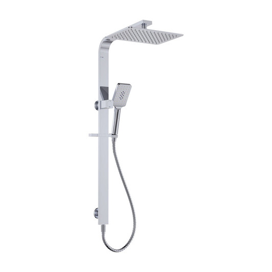 Product image of the Tono Deluxe Twin Shower in chrome. Rectangle rail  with a rectangle overhead shower and a square handheld shower head.  Water inlet is attached to the rail.