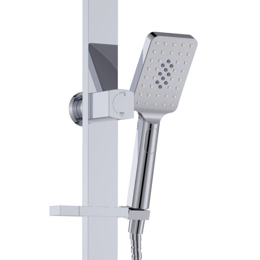 Close up of the handheld shower head in chrome. Sits on a square hook attached to the rail with a flat square lever to adjust the height.